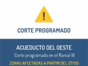 Por 3 días: el lunes 27 cortarán el ramal III del Acueducto del Oeste por mejoras