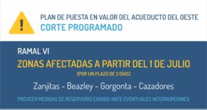 San Luis: por mejoras, realizan un nuevo corte programado en el ramal VI del Acueducto del Oeste